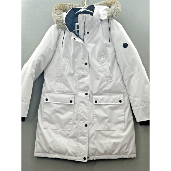 ANDREW MARC White/Black Quilt Lined Insulated Zip/Snap Faux Fur Hood JACKET XL - Picture 1 of 16